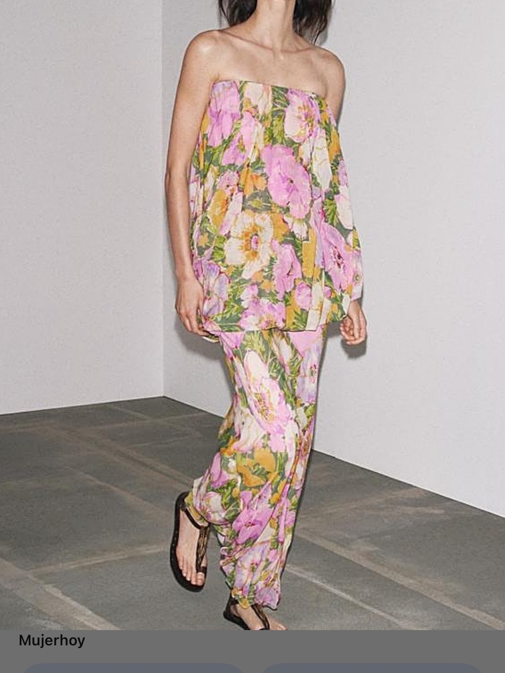 Zara Strapless Floral Maxi Dress in Pink, Green & Yellow